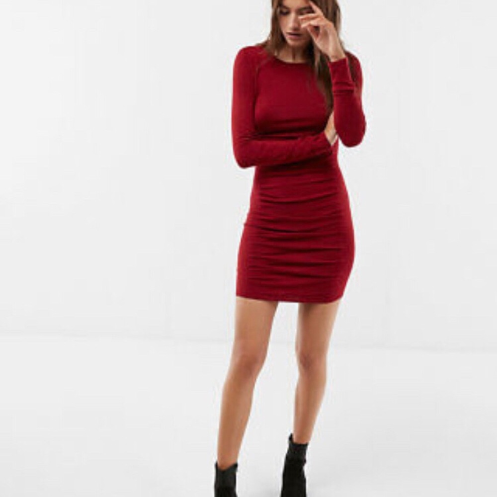 New Express Dark Red Long Sleeve Ruched Dress